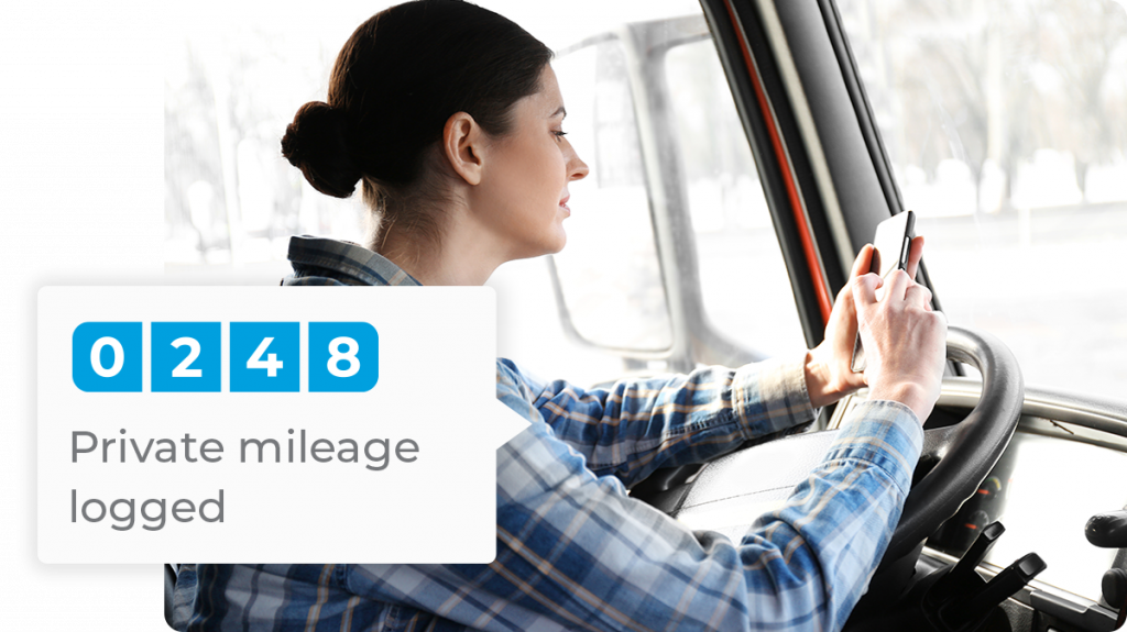 woman_using_mobile_phone_in_hgv_cab_leaning_on_steering_wheel_private_mileage_logged_message